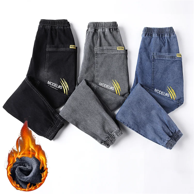 New Winter Men Warm Thermal Black Blue Cargo Jeans Fleece Streetwear Denim Jogger Pants pantaloni larghi Harem in pelliccia spessa Plus Size