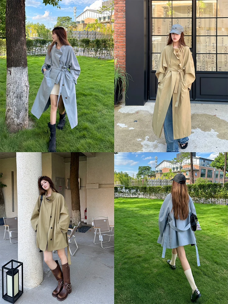 

WANNANKE Meeting Evening Leisure Briti Sle Stand Collar Coat Long And ort apes Outerwear for Women Autumn 2024