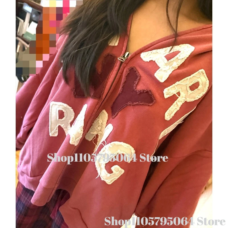 ARIRANG red and black pure cotton washed letter hooded jacket with fabric zipper cover, unisex jacket