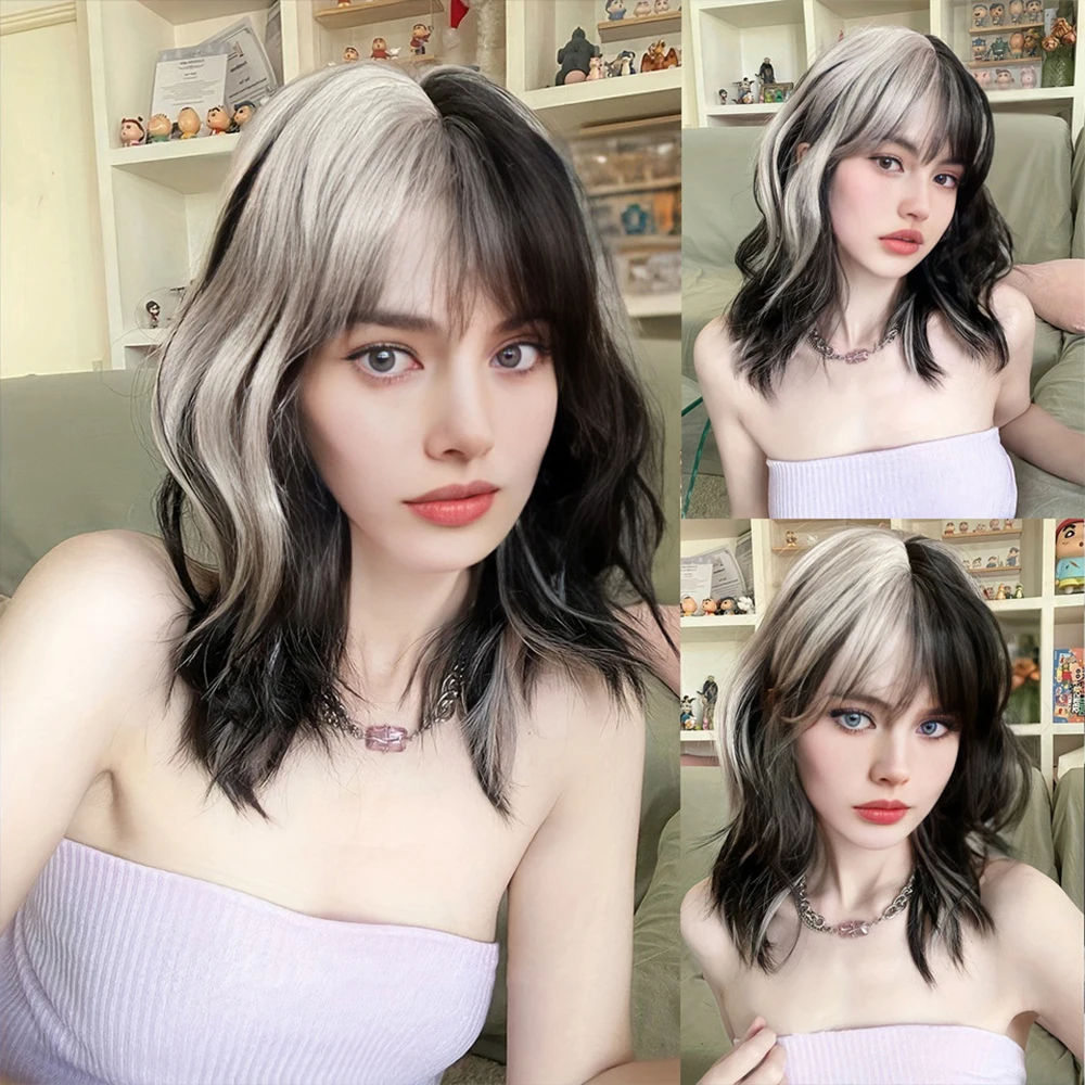 Ombre Blonde Short Wavy Cosplay Lolita Wigs Light Platinum Bob Synthetic Hair Wigs for Women Heat Resistant with Bangs