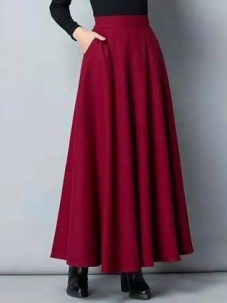 Autumn Winter Black Gray Large Size Woolen Long Skirt Women Fashion Korean Ladies Red High Waist Festival Pleated A-line Skirts