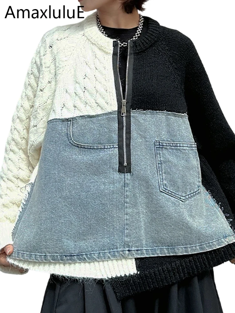 

Amax LuluE зимние европейские свободные лоскутные джинсовые свитера женские винтажные классические джемперы для отдыха женские модные элегантные пуловеры