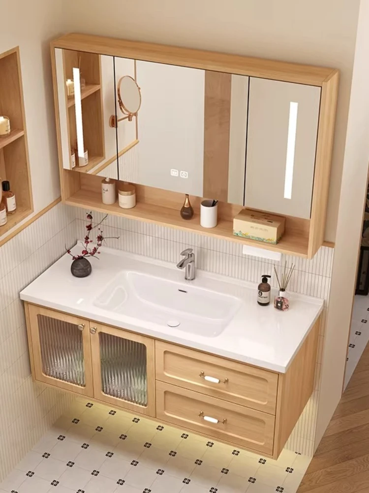 

Oak log wind bathroom cabinet Ceramic basin integrated face wash sink combined cabinet