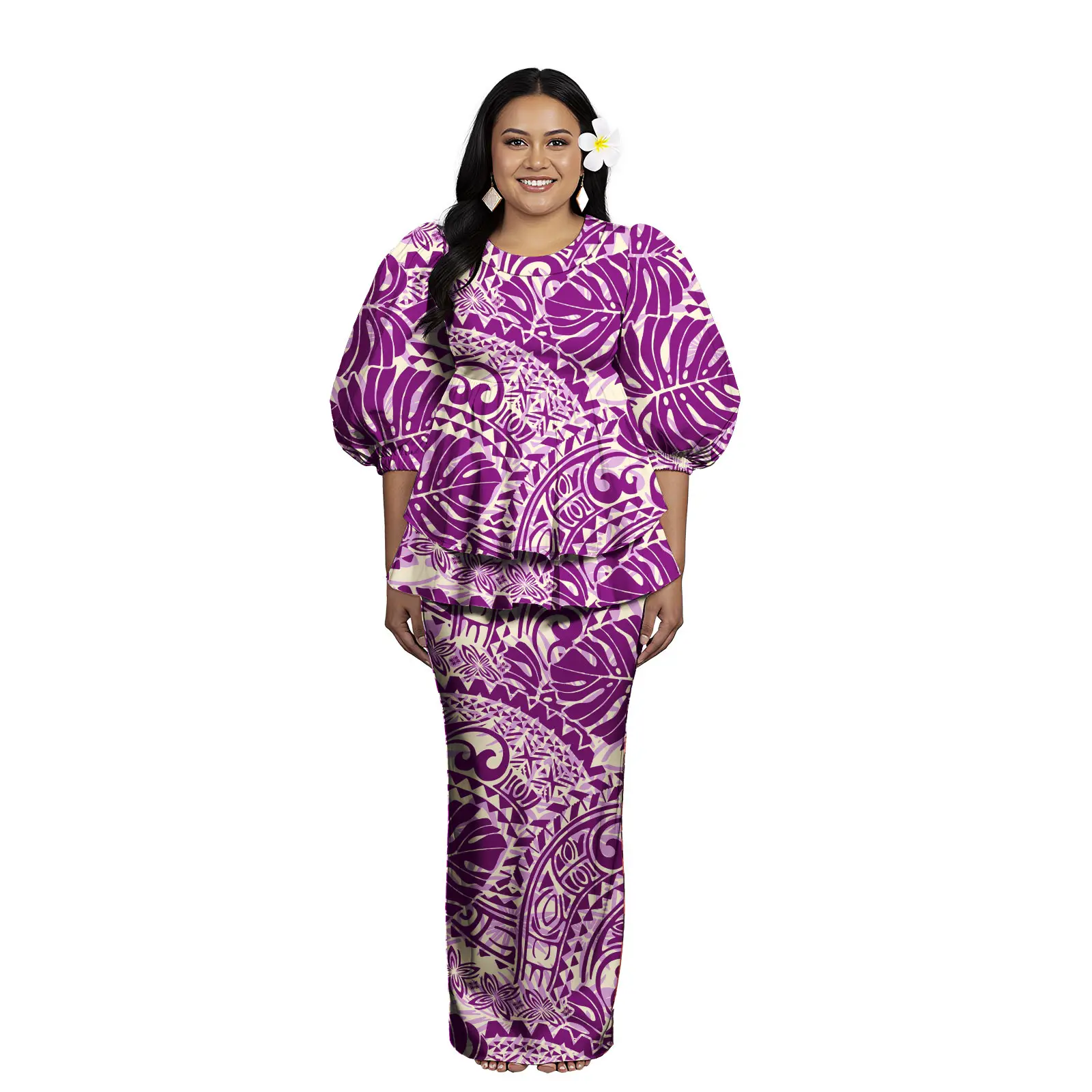 هاواي Puletasi نفخة الأكمام قميص وفساتين النساء 2 قطعة طباعة حسب الطلب Puakenikeni Puletasi حجم كبير فساتين حريمي مخصص