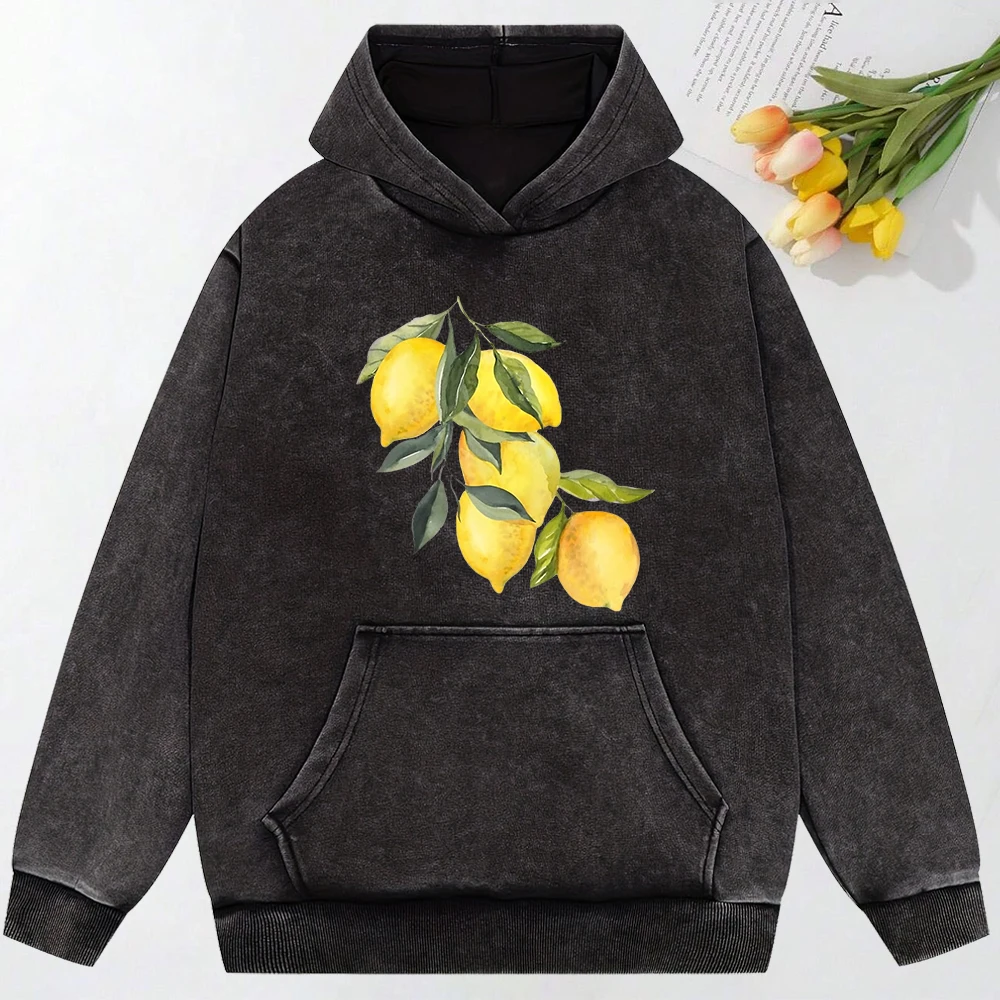 Creative Lemon  Printing Washed Streetwear Hip Hop Fashion Hoody All-Match Loose Pullover Y2K Oversized Cotton Clotheing