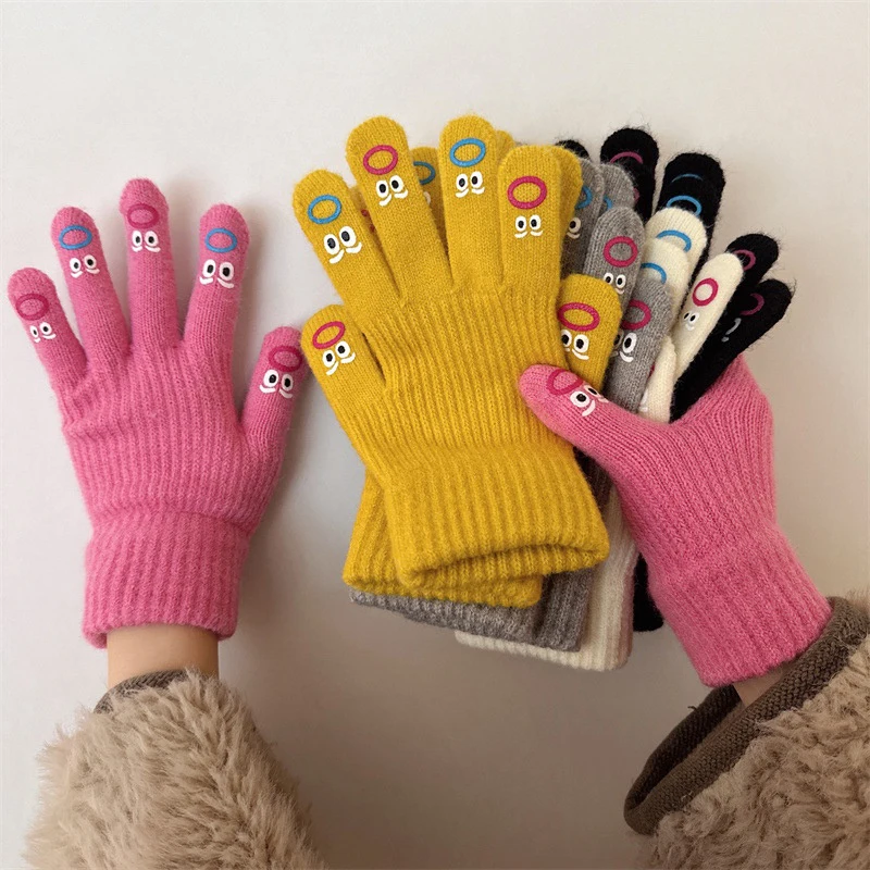 1pair Ladies Knitted Gloves Can Touch Screen Full Finger Gloves Cartoon Expression Crochet Mittens Outdoors Cycling Warm Mittens