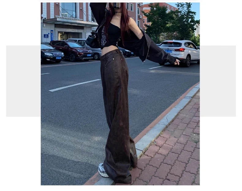 Lautaro Spring Long Loose Casual Soft Distressed Brown Pu Leather Wide Leg Pants for Women High Waist Korean Style Fashion 2024