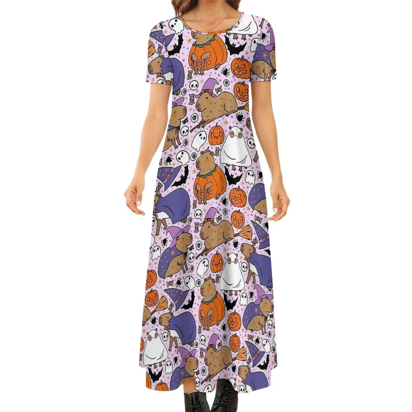 Cute Halloween Capybara Print Dress  Vintage Maxi Dress Female Short Sleeve Street Wear Bohemia Long Dresses Large Size