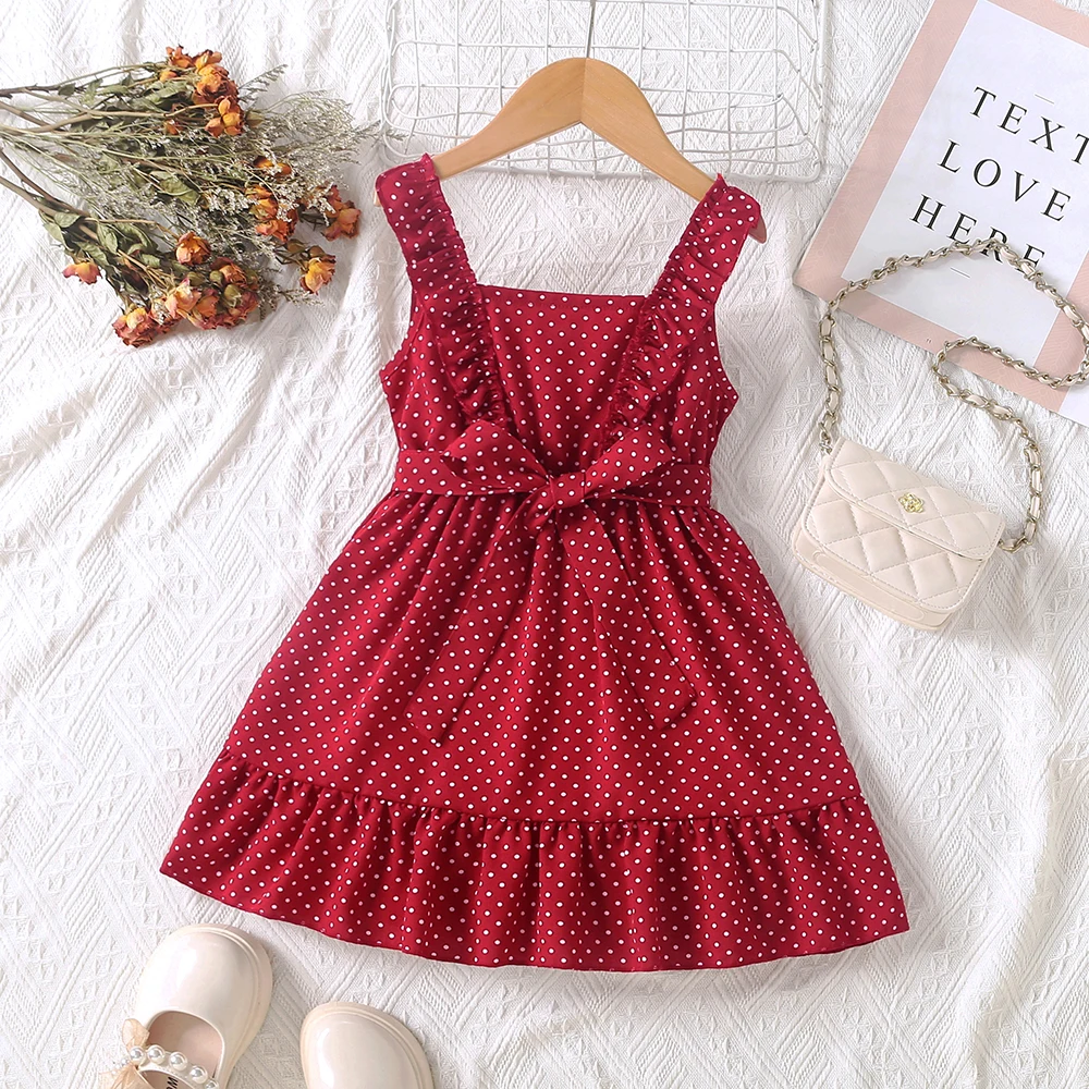 New Girls' Summer Strap Bow Dot Sleeveless Dress for Primary and Secondary School Children