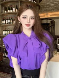 French Temperament Purple Flying Sleeved Shirts Blusas Mujer Women Fashion Sweet Bow Tie Short Top 2024 Summer Blouse Femme