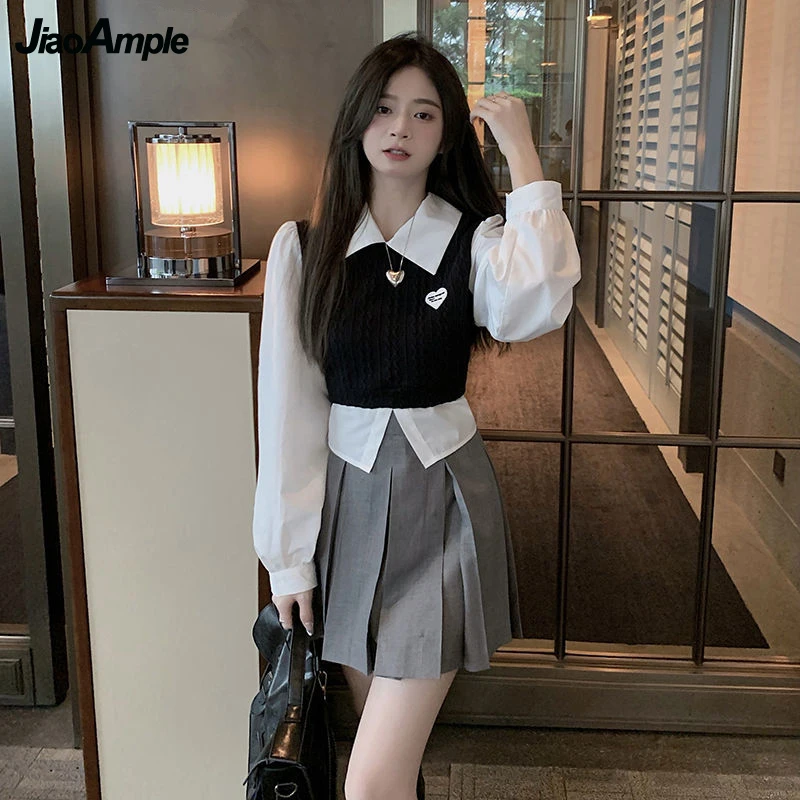 Women\'s Spring Autumn Preppy Style Clothing 2023 New Student Patchwork Shirt Mini Pleated Skirts Outfits High School Uniform