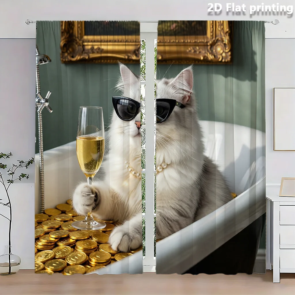 Funny Cat in Bathtub Curtains, Cool Sunglasses & Champagne Print Drapes for Bathroom, Humorous Animal Window Treatment Decor