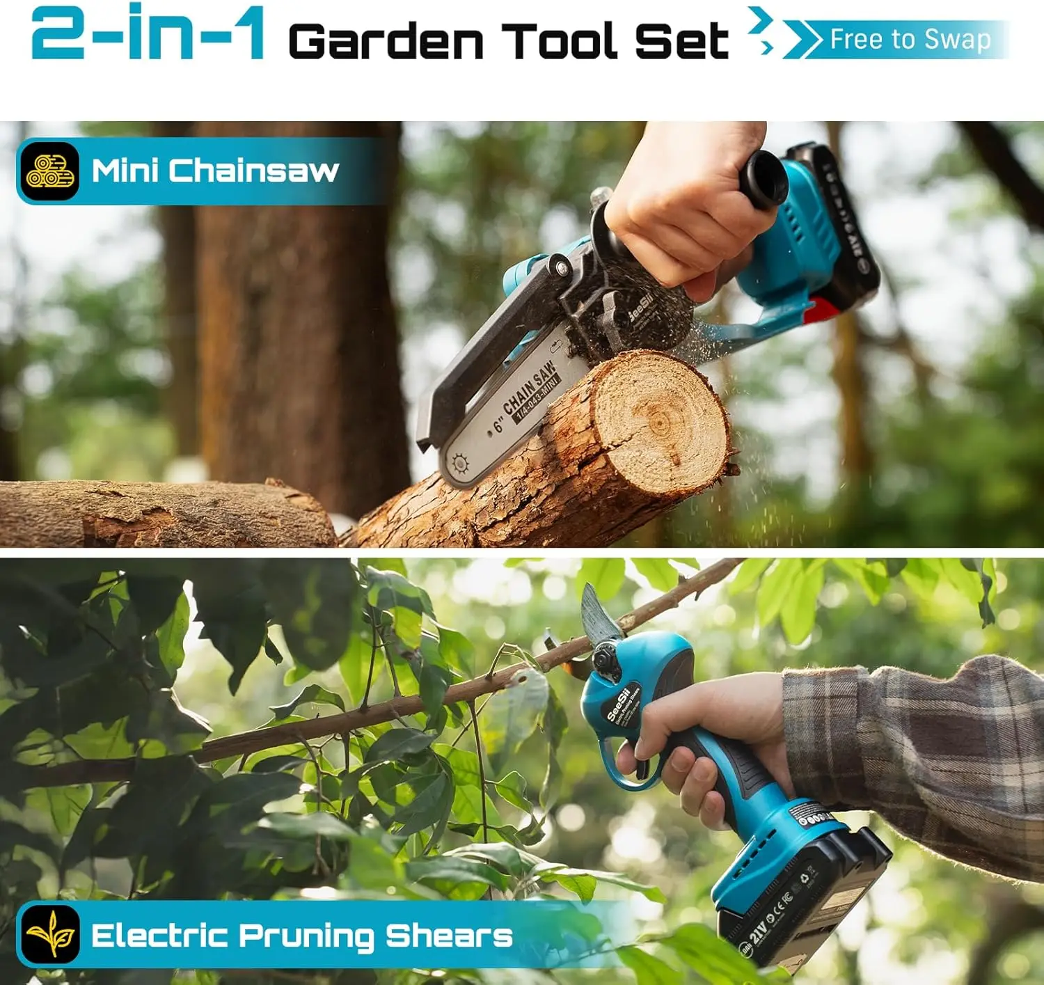 Seesii فرش 6 "منشار كهربائي و33 مللي متر مقصات التقليم اللاسلكي كومبو لقطع الخشب/فرع التشذيب أدوات البستنة لماكيتا #3