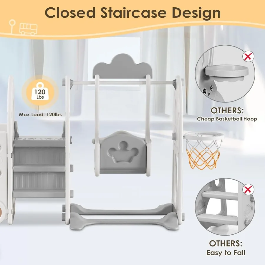 5 in 1 Toddler Slide and Swing Set Baby Slide for Toddlers Age 13 Bus Themed Toddler Playset with Basketball Hoop Indoor Outdoo