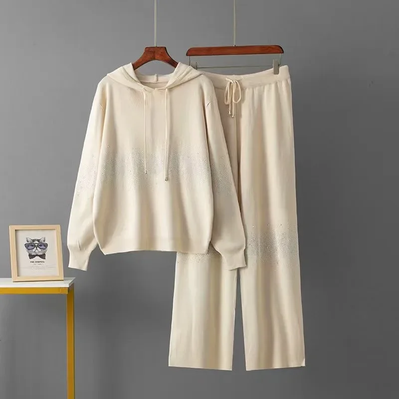 

Женский ленивый вязаный свитер с блестками, свободная толстовка с капюшоном и высокой талией, прямые брюки, осенне-зимняя модная повседневная одежда