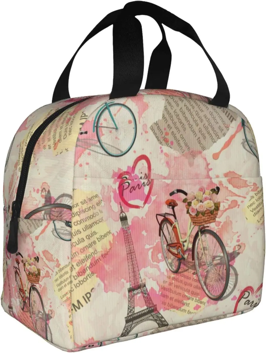 Love Paris Eiffel Tower Lunch Bags Vintage Newspaper Lunch Box Bags Bicycle with Flowers for Women Washable Lunch Container Box