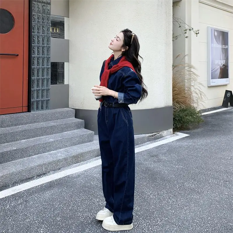 

American Sle High Waist Straight Leg Denim Jumpsuit Women's Faion Workwear Sle Long Pants Slimming Gown 2026 New Hot