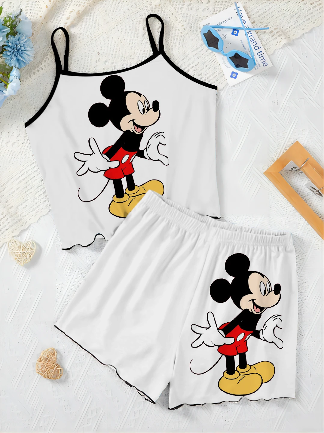 Home Dress Pajama Skirt Women\'s Suit Minnie Mouse Lettuce Trim Top T-shirt Mickey Short Sets Disney Pieces Elegant Disney Mickey