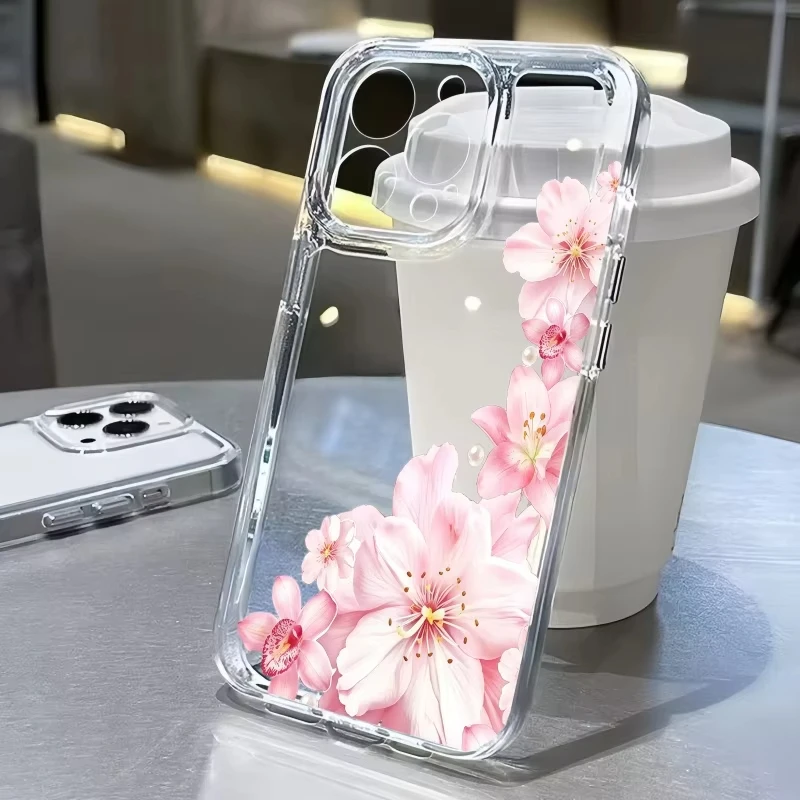 Pink Hibiscus Flowers Pattern Clear Phone Case For Samsung Galaxy S26 Ultra S25 S24 S23 FE S22 S21 Plus A53 A52 Silicone Cover