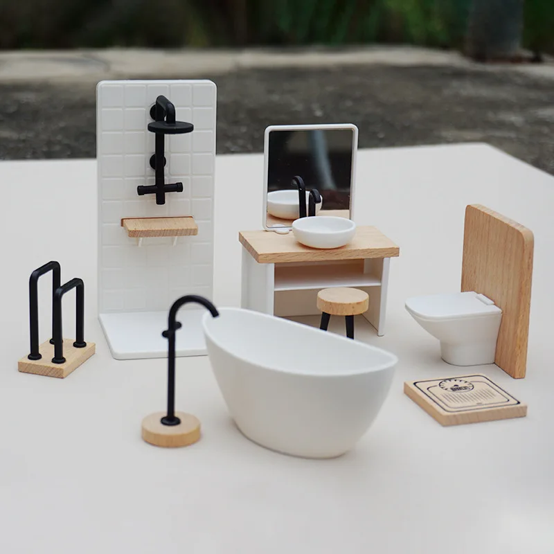 1:12 miniatuur poppenhuis badkamermeubelset - simulatie houten mini-meubels fantasiespel speelgoed decor