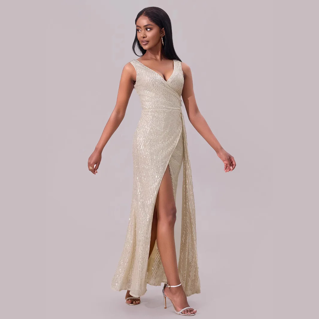 Vestido camisola de lantejoulas para mulheres, novo estilo para anfitriões, atmosfera de banquete, festa de dança, vestido de noite, festa feminina de estilo longo