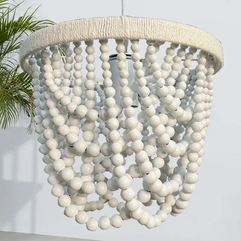 Bohemian single head bedroom bedside small chandelier dressing room French hemp rope white wooden bead restaurant light