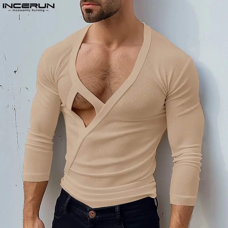 INCERUN New Men's Clothing 2024 Deep V-neck Hollow T-shirts Casual Clubwear Male Solid Comfortable Three-quarter Sleeve Camiseta