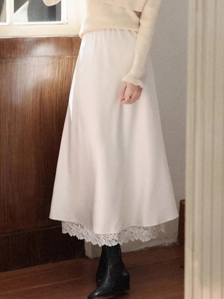 

ALXNAN Mid-length Skirts Apricot Lace Trim Patchwork Embroidered Layered Fall Skirt Elegant Fashion Temperament Skirts L58921