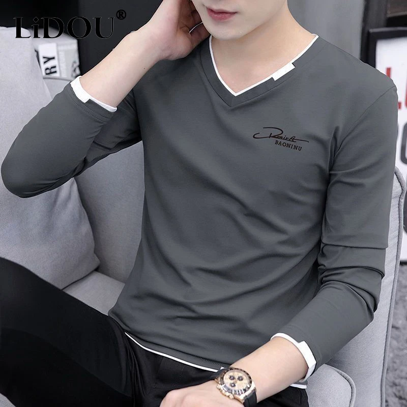 Autumn Winter Fashion Korean Simple Temperament T-shirt Man Long Sleeve Cotton V-neck Solid Color Top Pullover Casual Streetwear