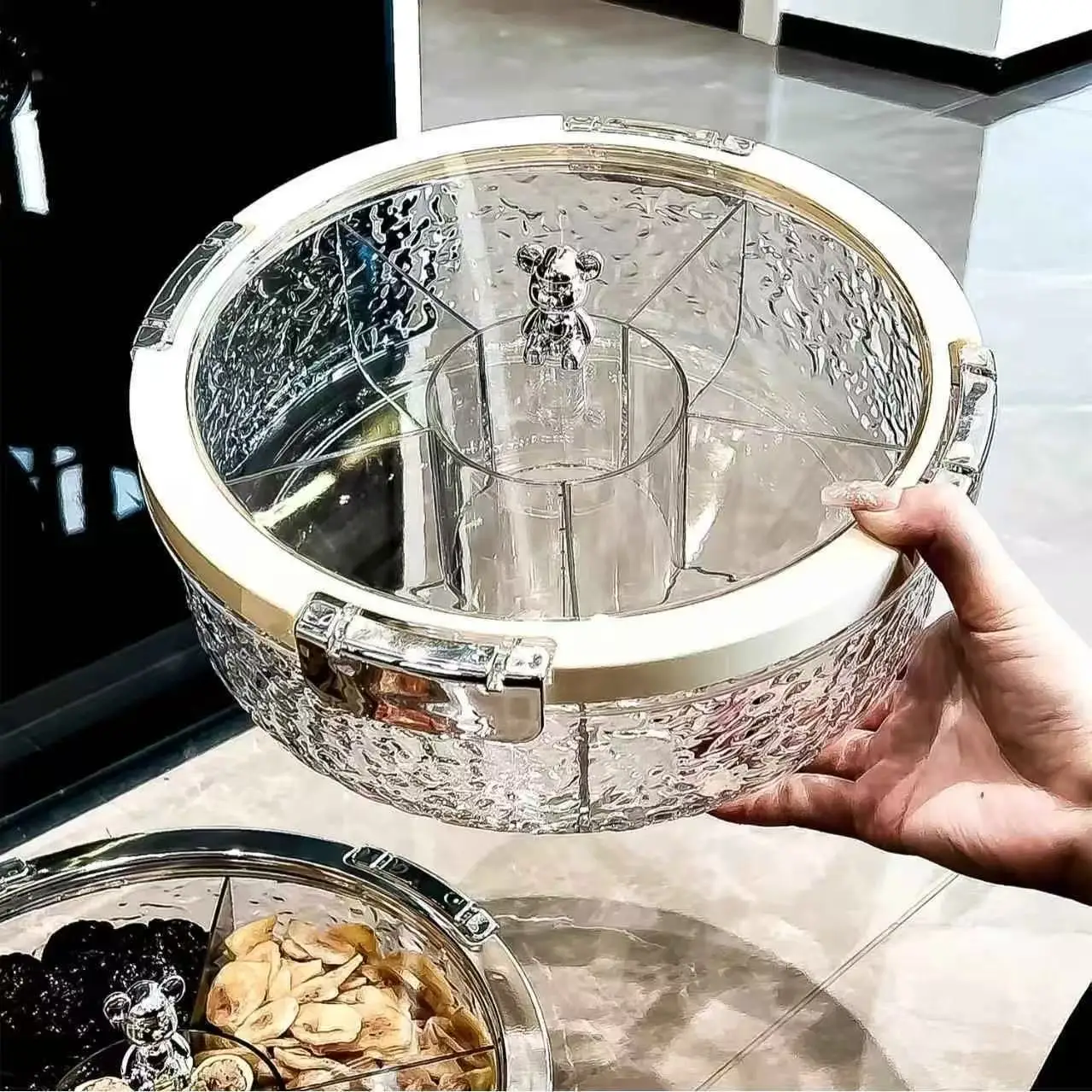 Plateau de service à compartiments avec couvercle pour fruits, bonbons, noix et snacks secs – Boîte de rangement en plastique