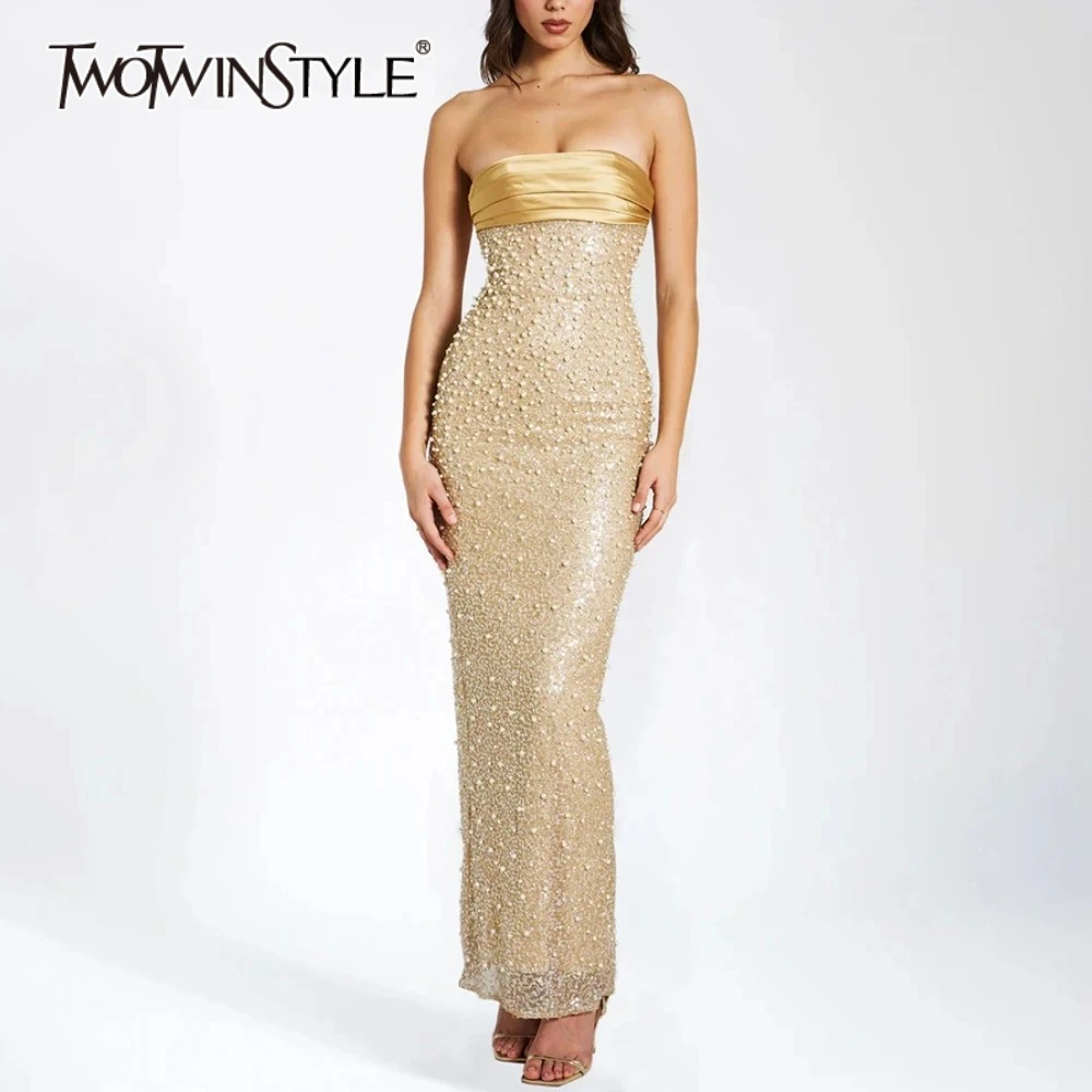 

TWOTWINSTYLE Solid Slimming Spliced Sequin Elegant Dresses for Women Strapless Sleeveless Patchwork Bead Dress Female Clothing