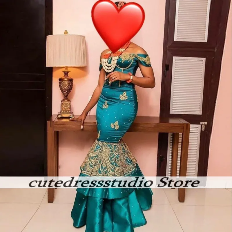 

Бирюзовый Русалка с открытыми плечами Вечерние платья Африканские кружевные платья для выпускного вечера с бисером 2025 Aso Ebi Стиль Женское вечернее платье по индивидуальному заказу