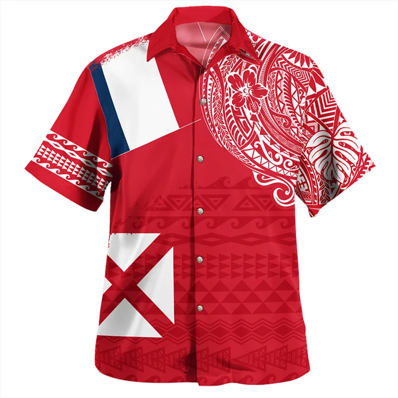 Camisas estampadas com a bandeira Wallis e Futuna 3D masculina, camisas curtas com emblema gráfico, top de roupas legais, Harajuku, novo, verão