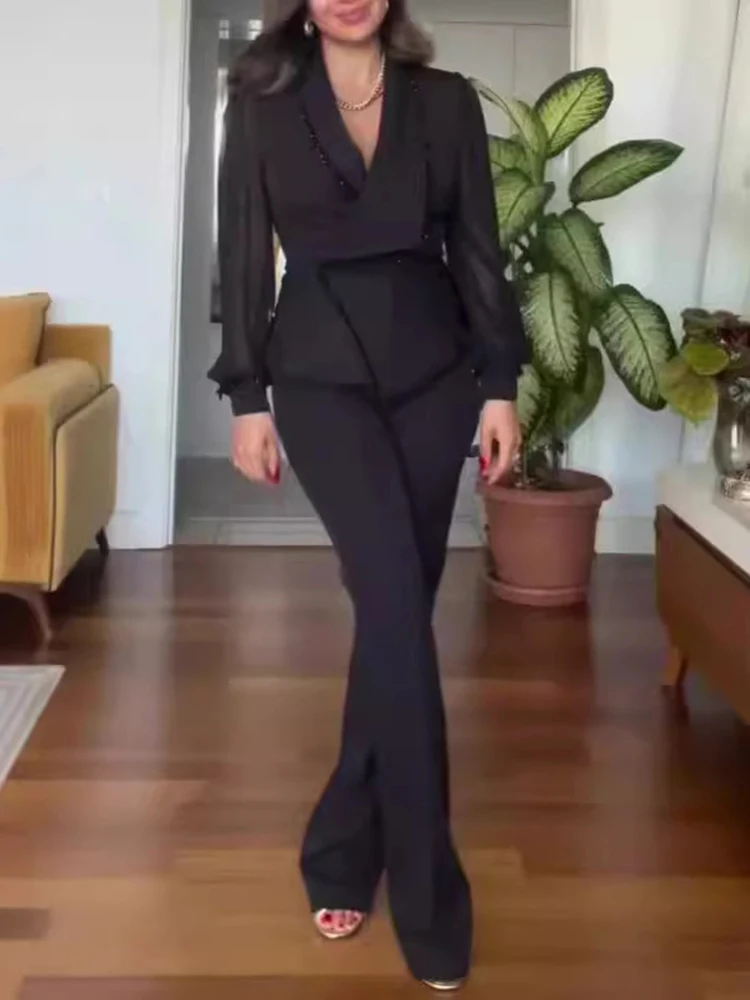 

Casual style high waisted, cinched waist wide leg new fashionable jumpsuit slimming down, lapel fashion jumpsuit