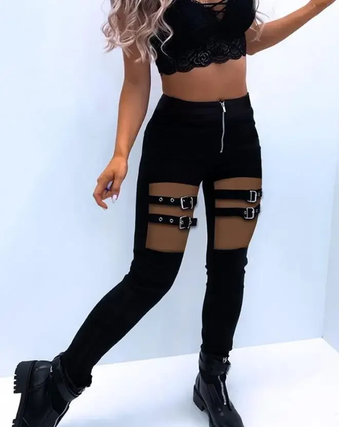Summer Women's Pants 2023 Fashion Versatile Casual Eyelet Buckled Sheer Mesh Patchwork Zipper Design Trousers Autumn New Clothes
