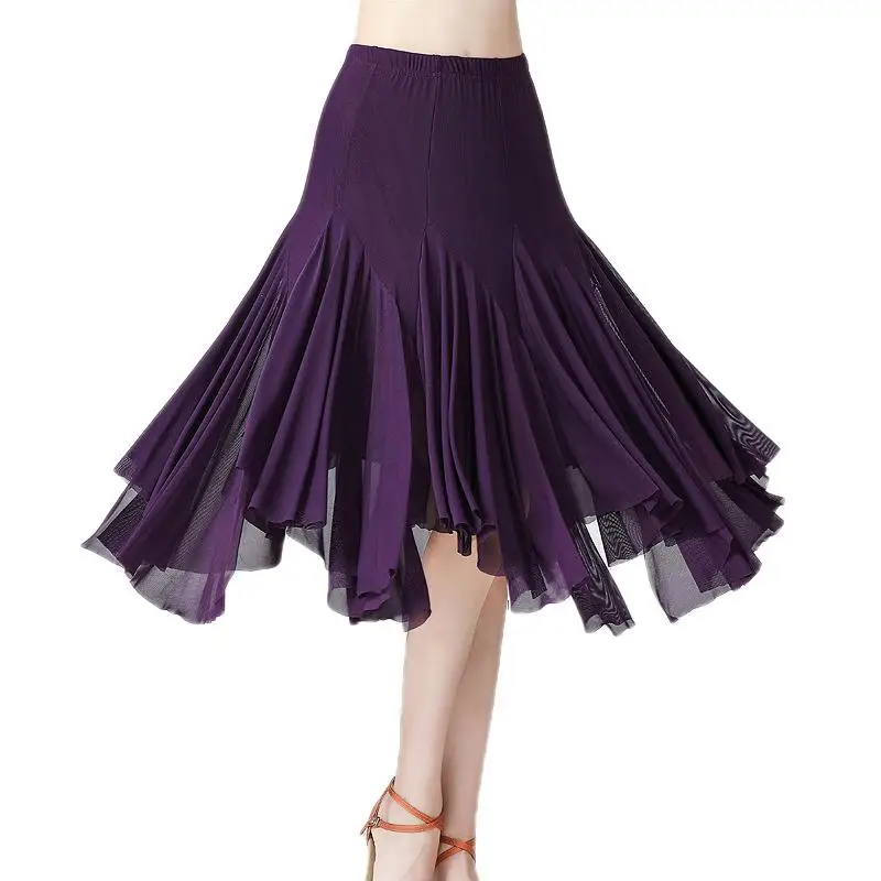 Women's Mid-Long Latin Dance Skirt Ballroom 360 Degree Salsa Rumba Waltz Dancewear Flamenco Dance Skirts for Practice