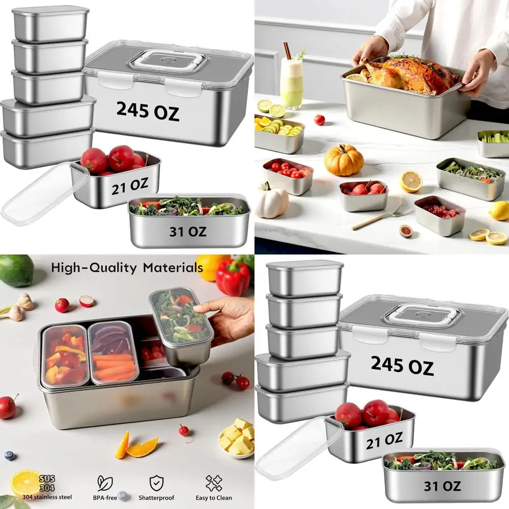 

Set of 8 Large Stainless Steel Food Containers with Lids, 3 Sizes for Meal Prep, BPA-Free & Oven Safe (245oz, 31oz, 21oz)