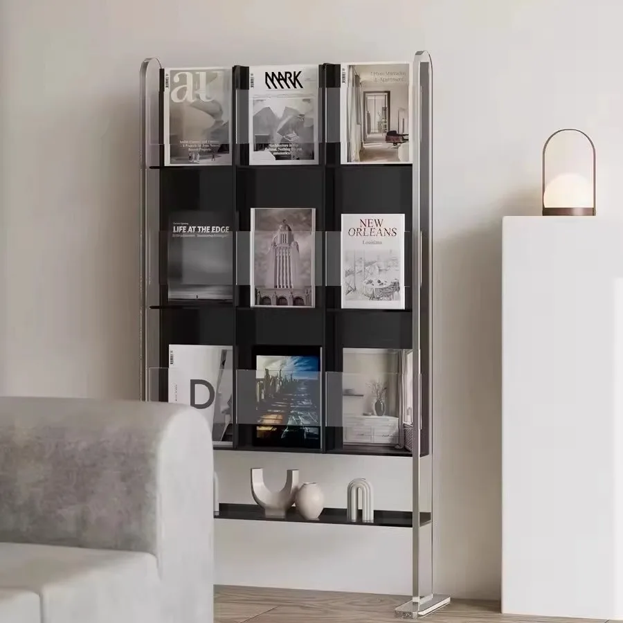Acrylic floor-to-ceiling transparent bookshelves, living room storage shelves, simple display shelves, newspaper storage