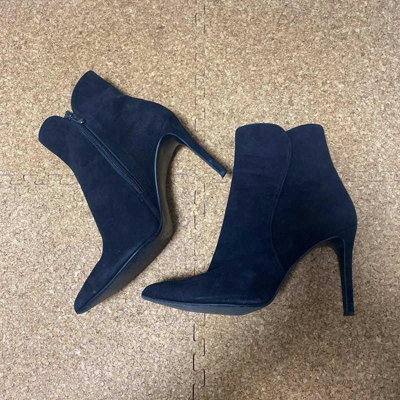 

Navy Blue Suede Pointed Toe Stiletto Ankle Boots Woman Winter 2026 Side Zip High Heels Short Boots Dressy Fashion Party Evening