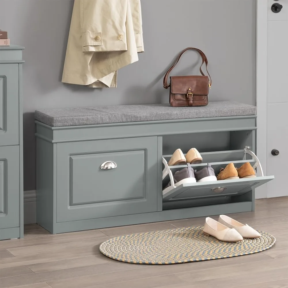 Haotian Grey Storage Shoe Bench with 2 Flip Drawers & Padded Seat Cushion, Enterway Bench Shoe Cabinet Shoe Organizer, Hidden Sh