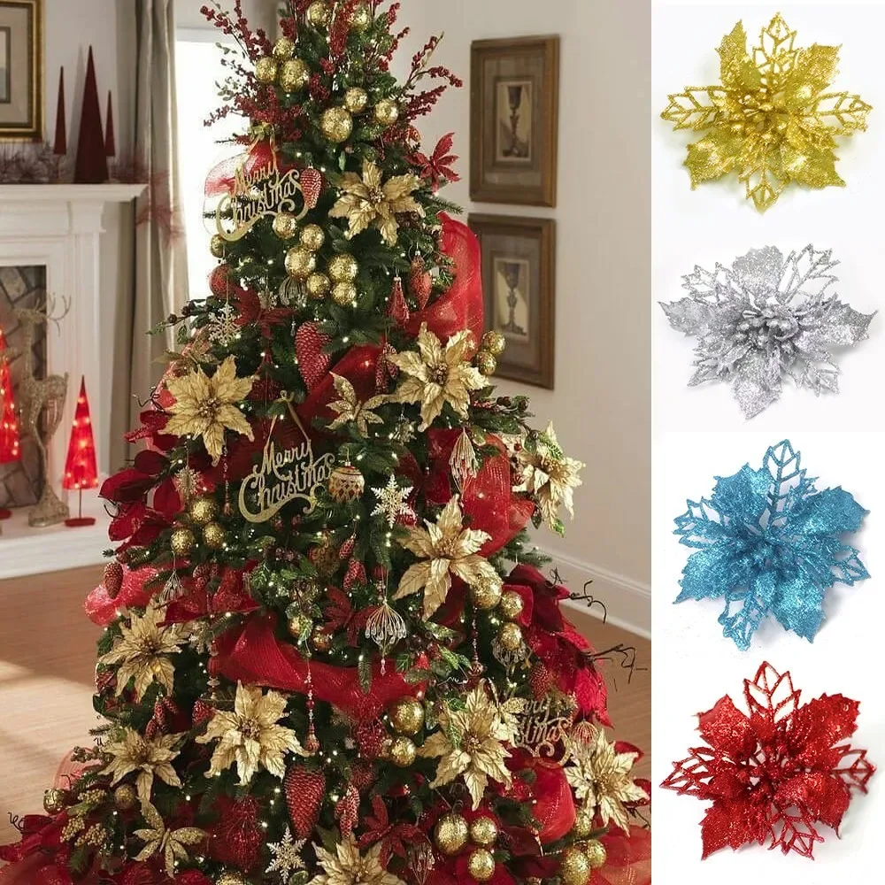 9cm Christmas Flowers Glitter Celebration Hollow Flower Christmas Tree Pendant Decoration Xmas Ornaments For Home Decor