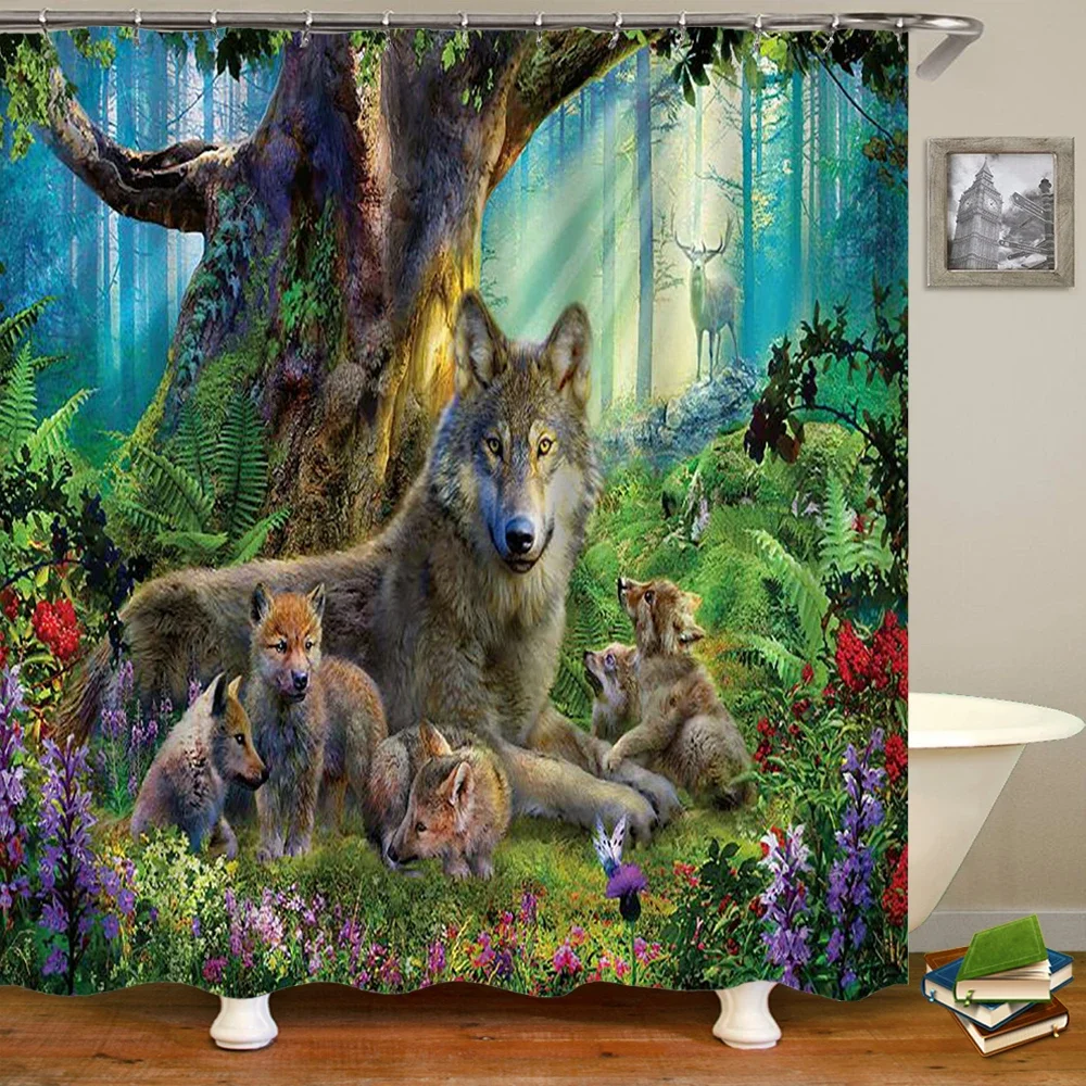 Animals Pattern Bath Curtain Waterproof Shower Curtains Polyester Wolf lion Bath Screen Print Curtain for Bathroom Home Decor