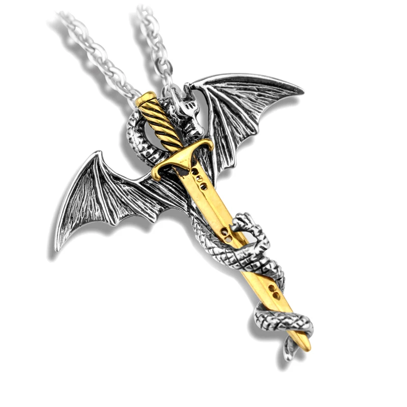 Stainless Steel Luminous Fly Dragon Sword Pendant Chain Necklace Mens Jewelry