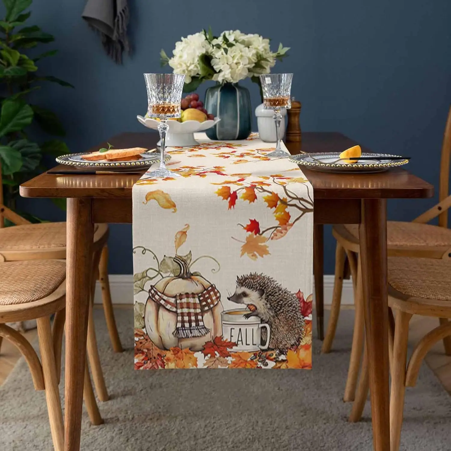 Fall Thanksgiving Pumpkin Hedgehog Linen Table Runner for Table Decor Autumn Maple Leaves Table Runners Thanksgiving Decorations