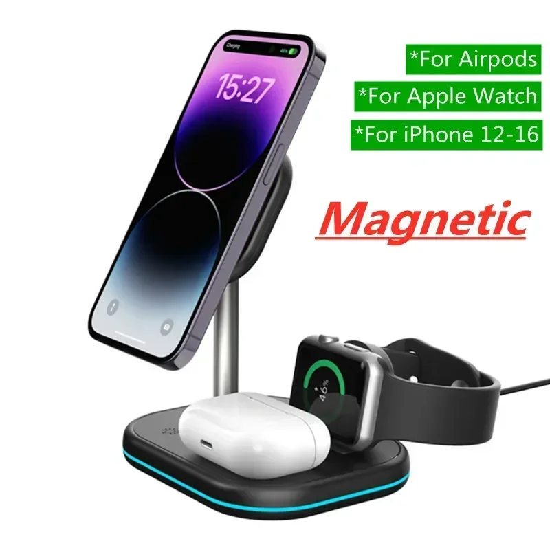 Magnetic 3 in 1 Wireless Charger Stand For Magsafe iPhone 16/15/14/13/12 Fast Charging Station for Apple Watch 9/8/7 Airpods 3/2