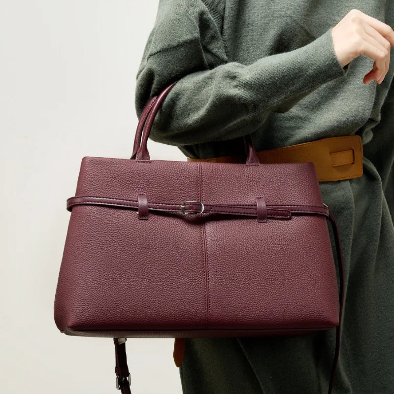 

Women Premium Luxury Genuine Leather Tote Bag New Lady Burgundy Commute Handbag Female Large Capacity Daily Crossbody Bags