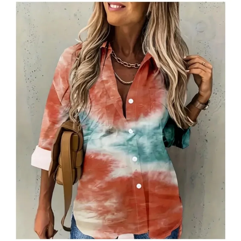 New Elegant and Comfortable Cloud Printed Women's Long sleeved Shirt with Collar and Button for a High Quality Look Women's Wear