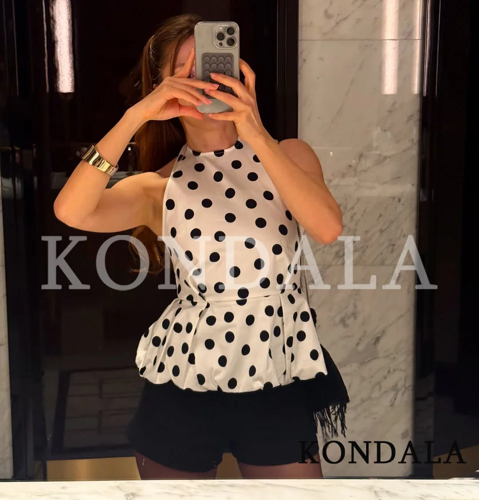 KONDALA Polka Dot Ballon-Neckholder-Tops für Damen – Sommerliches, trendiges High-Street-Slim-Top – Neu 2026 – Modisches Oberteil für Dates, Feiertage und Partys