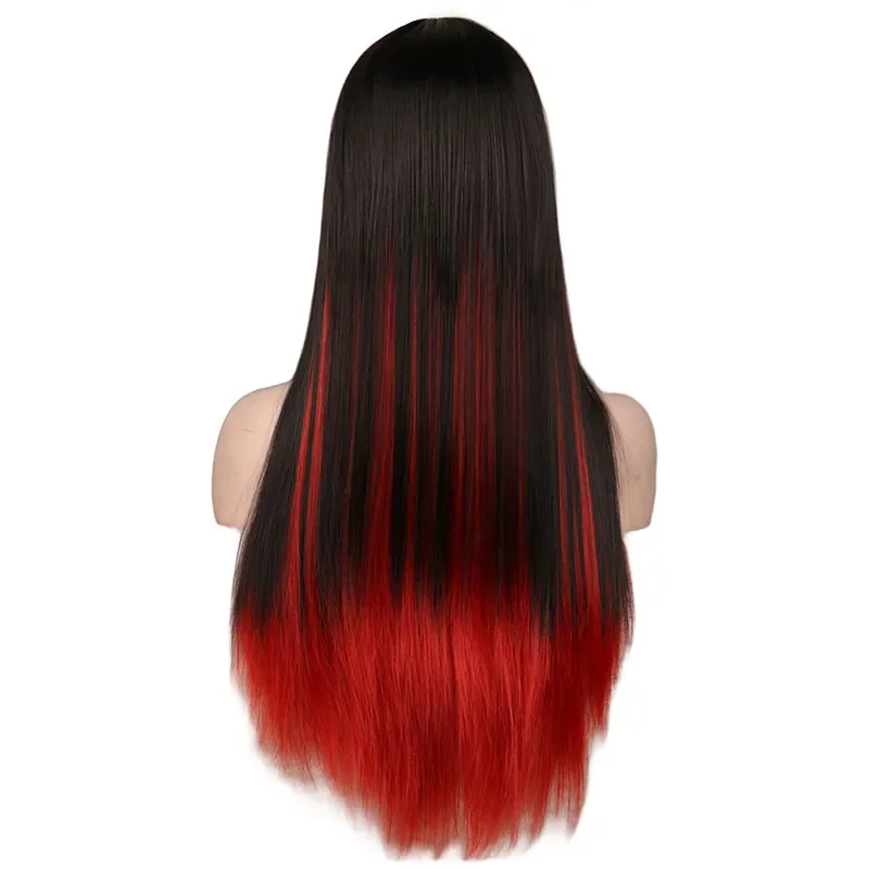Perruque de Cosplay synthétique longue et lisse pour femmes, perruque de fête noire rouge ombrée résistante à la chaleur
