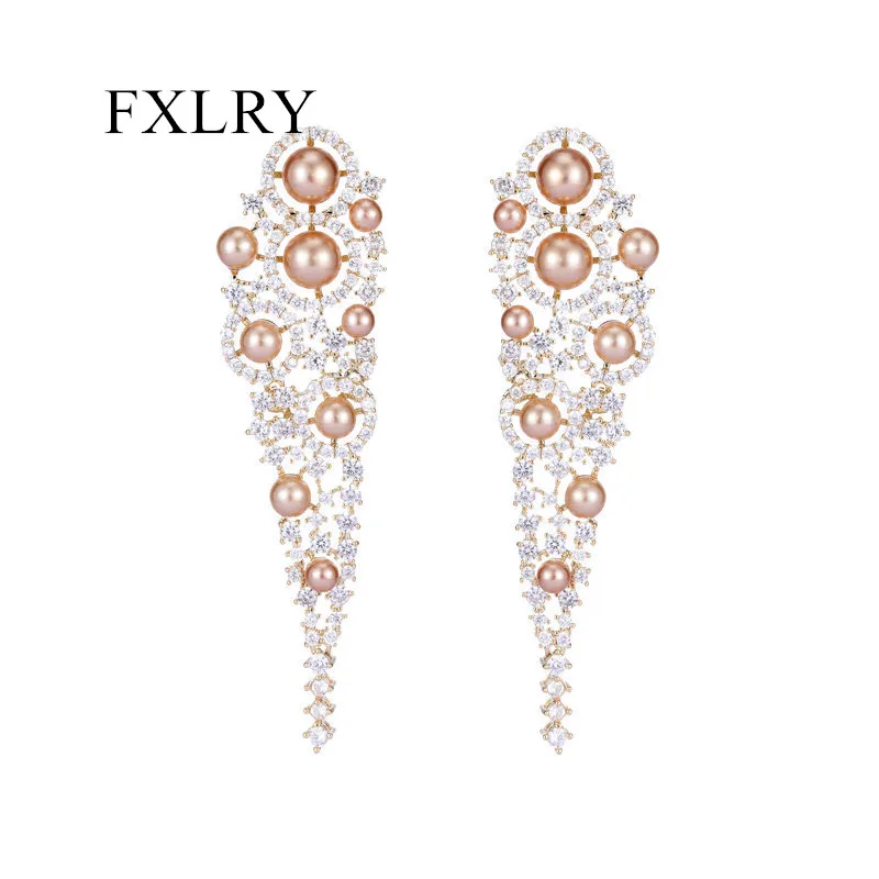 FXLRY Exaggerated Elegant Micro-inlaid Zircon Pearl Geometry Earrings For Women Party Jewelry